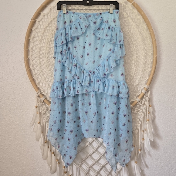 Urban Outfitters Boho Fairycore Blue Ditsy Floral Ruffle Asymmetrical Midi Skirt - Picture 6 of 14